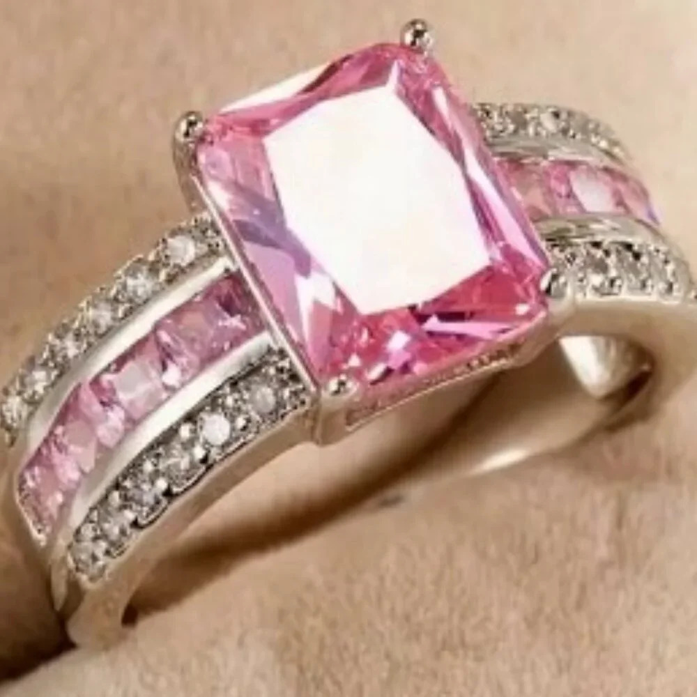 Exquisite Pink Square Cut Ring Gemstone Inlay Hypoallergenic Nickle Free